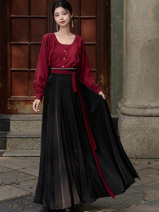 Tang Dynasty Modern Hanfu Sweetheart Collar Shirt and Wrap Skirt - Qiufen 秋分 (Preorder)