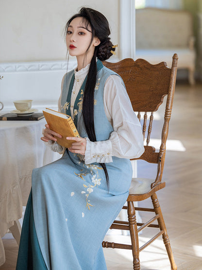 New Chinese Style Long Sleeve Shirt with Spiral Skirt and Embroidered Vest - Pear Blossoms 梨花曲 (Preorder)