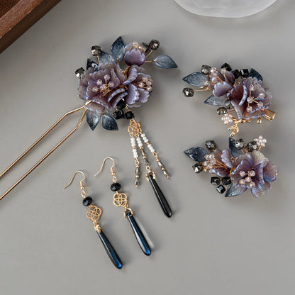 Ink Cloud Dark Purple Floral Hanfu Hair Accessories Set