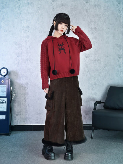 New Chinese Style Embroidery Red Cropped Hooded Sweater - Lucky Bat 福蝠