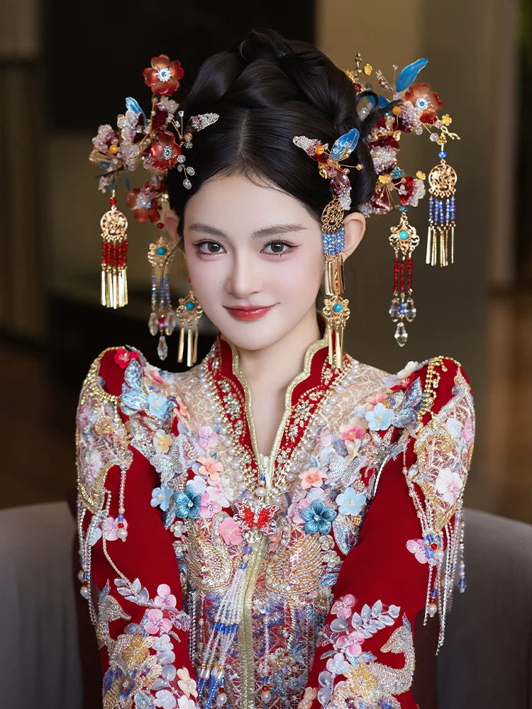 Unique Red and Blue Bloom - Bridal Hair Accessories Chinese Wedding Headpiece for Hanfu and Xiuhe Dress
