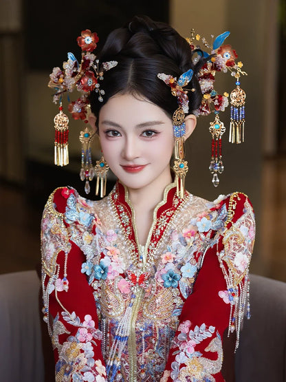 Unique Red and Blue Bloom - Bridal Hair Accessories Chinese Wedding Headpiece for Hanfu and Xiuhe Dress