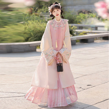 Ming Dynasty Bijia Vest & Printed Pleated Skirt | Moon and Evening Flowers 月夕花晨