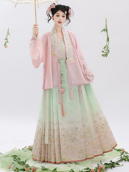 Ming Dynasty Cross Collar Top & Mint Pink Mamian Skirt | Chunmanyuan 春满园