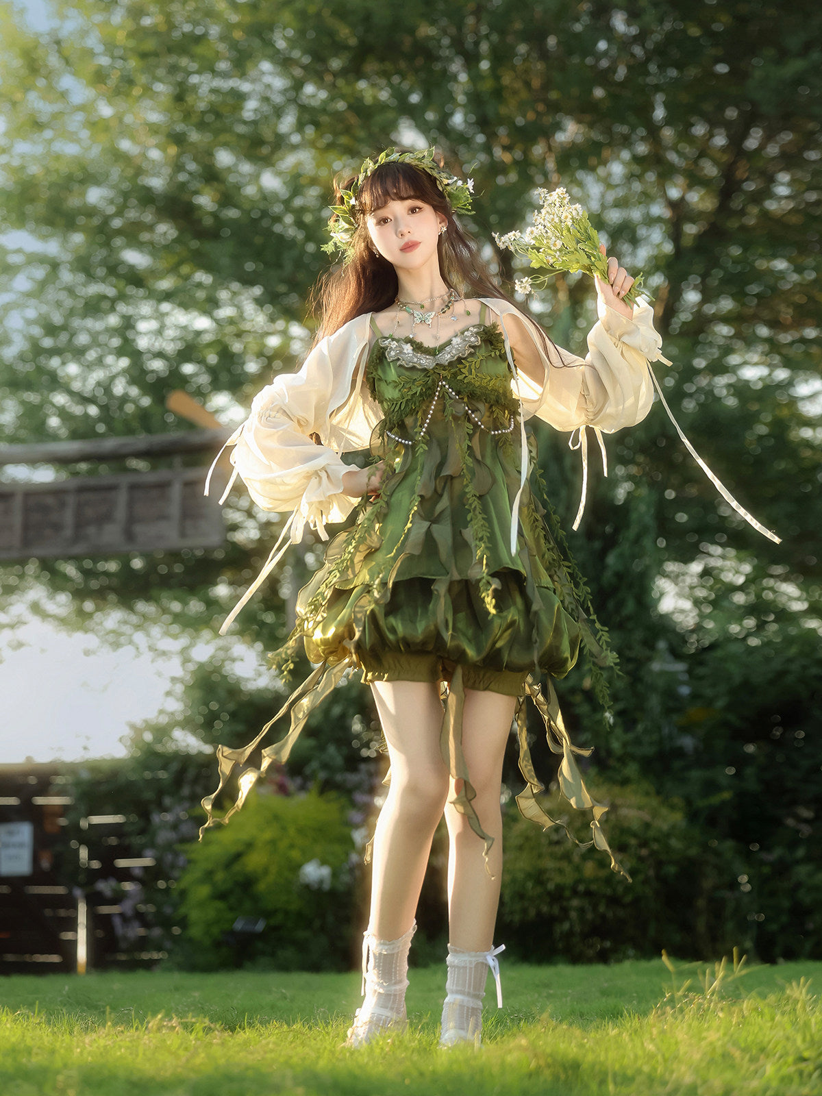 New Chinese Style Forest Green Slip Dress and Cardigan for Summer - Wizard of Oz 绿野仙踪