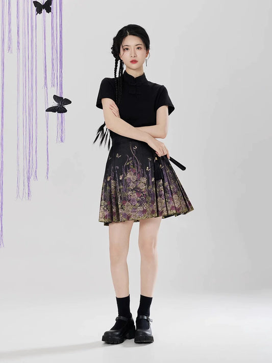 Huajian Chinese Blouse & Mini Mamian Skirt Outfit - modern Ming-inspired hanfu, detail view
