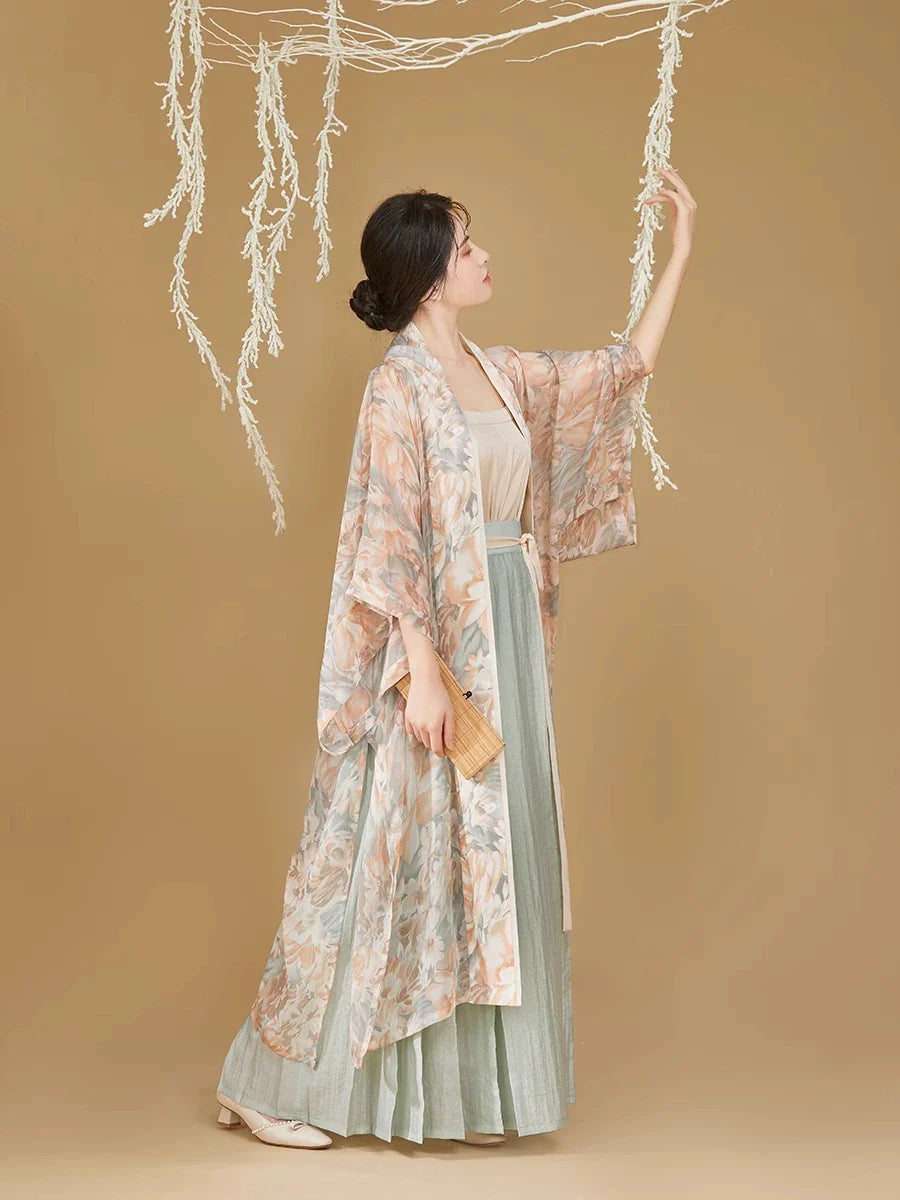 Song Dynasty Modern Hanfu Set with Changgan Temple Beizi and Pleated Skirt - Jiaoliu 娇柳 (Preorder)