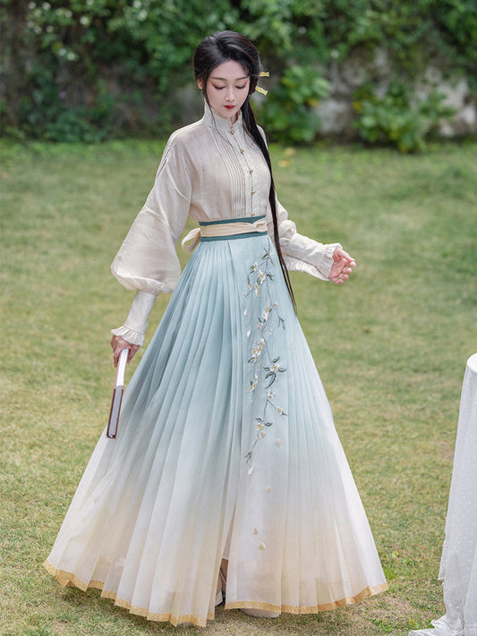 New Chinese Style Long Sleeve Top and Gradient Embroidered Mamianqun Set - Pear Blossom Song 梨花曲