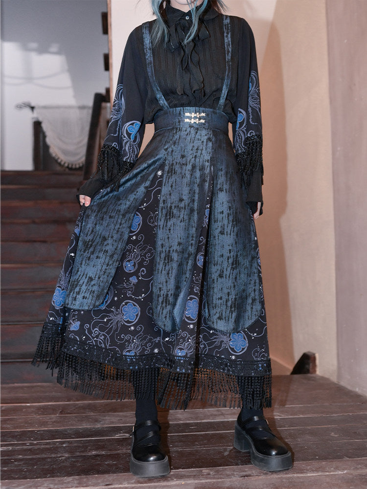 New Chinese Style Multi Layered Strappy Skirt - Blue Tears 蓝眼泪