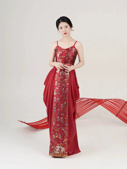 New Chinese Style Wedding Hanfu Bridal Tea Ceremony Slip Dress - Baixi 百禧 (Preorder)