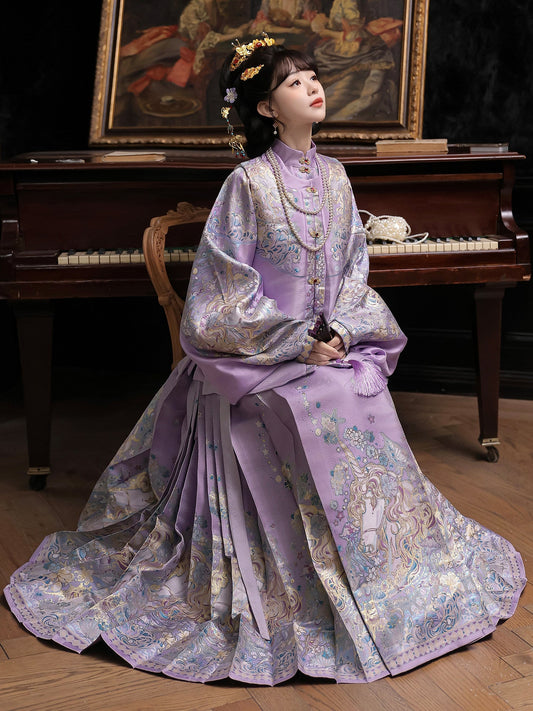 Ming Dynasty Pastel Violet Mint Green Pipa Sleeve Top & Mamian Skirt | Menghuan 梦幻