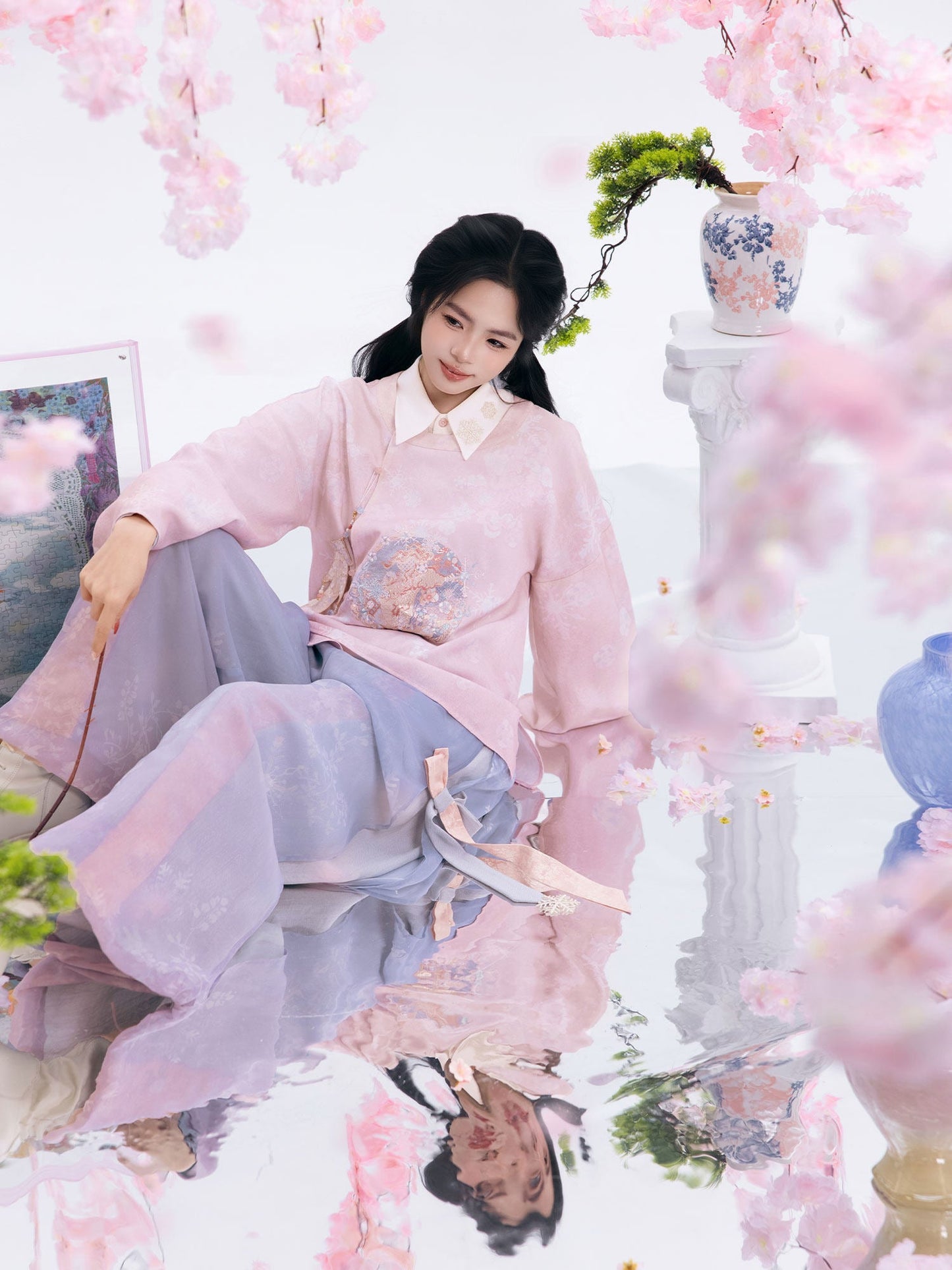 Ming Dynasty Modern Hanfu Brocade Mamian Skirt & Faux Two-Piece Chinese Style Top 雪霁逢春