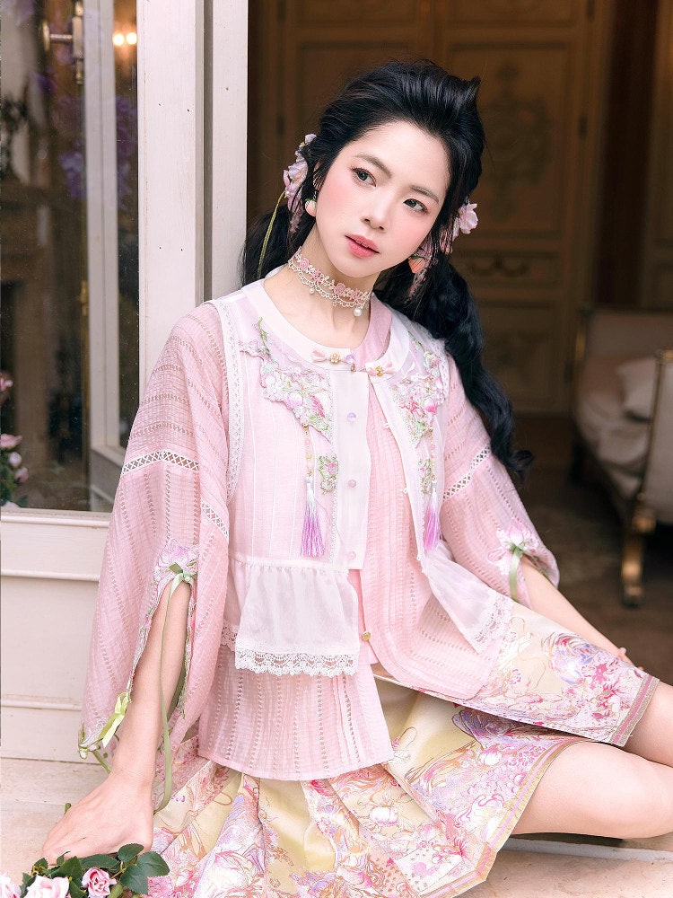 Ming Dynasty Modern Hanfu Half Sleeve Top and Mini Mamianqun - Peach Fragrance 梦桃香