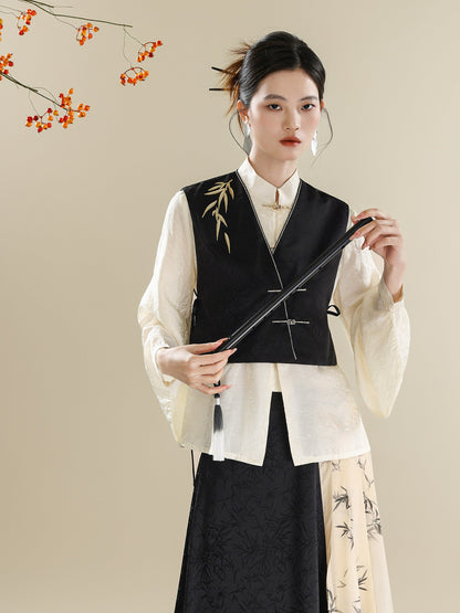 Ink Bamboo Embroidered New Chinese Style Vest & Contrast Long Skirt Set