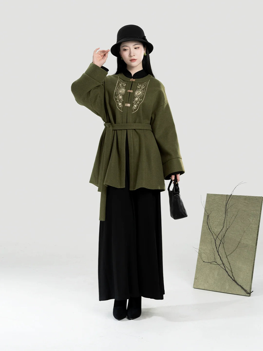 New Chinese Style Women A-Line Dress with Flared Sleeves - Moss Stone 苔石 (Preorder)