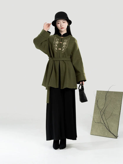 New Chinese Style Women A-Line Dress with Flared Sleeves - Moss Stone 苔石 (Preorder)
