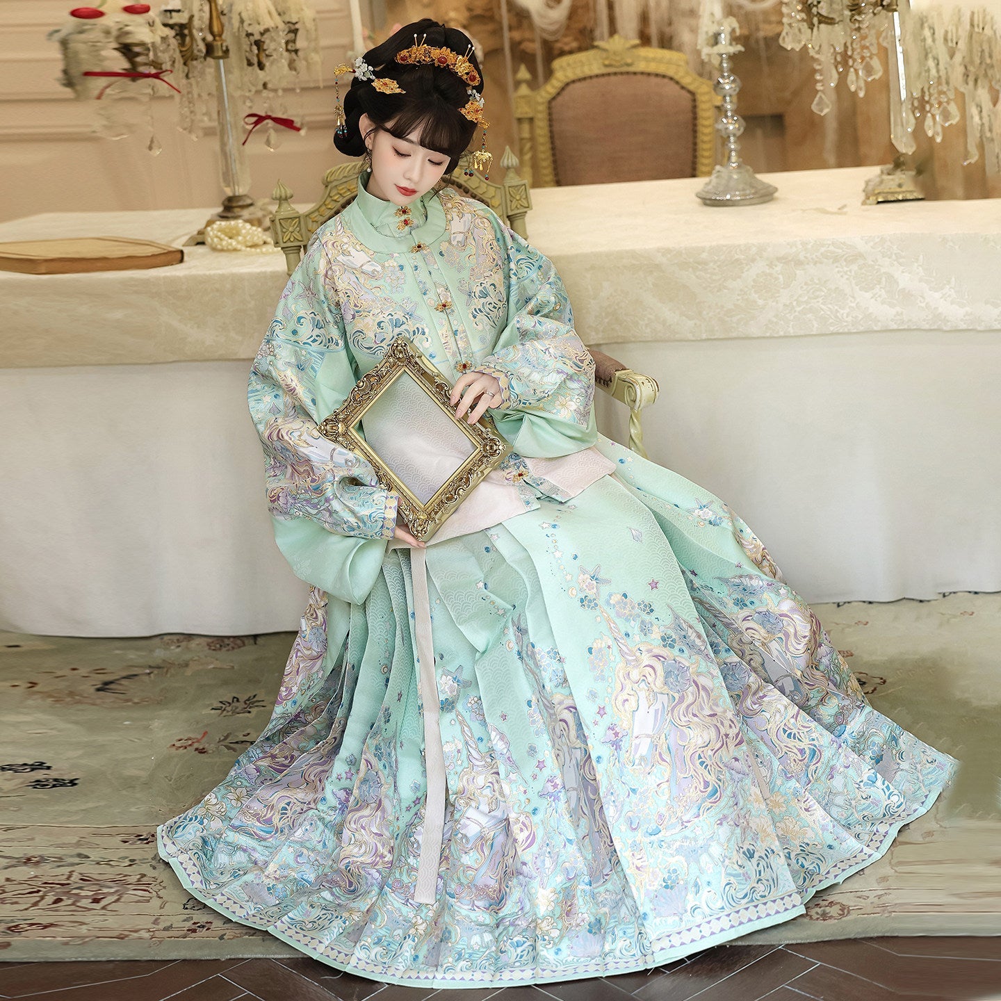 Ming Dynasty Pastel Violet Mint Green Pipa Sleeve Top & Mamian Skirt | Menghuan 梦幻