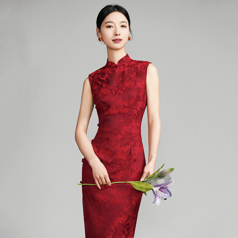 Chinese Wedding Engagement & Tea Ceremony Sleeveless Floral Cheongsam | Lixiao