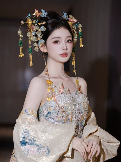 Whisper of Blue Orchids - Light Blue Butterfly Bridal Hairpin Crystal Tassel Chinese Wedding Headpiece