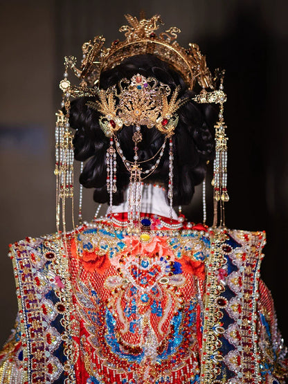 Luxury Gold Phoenix Crown Bridal Headpiece Pearl Tassel Chinese Wedding Hair Accessories for Hanfu and Xiuhe Dress