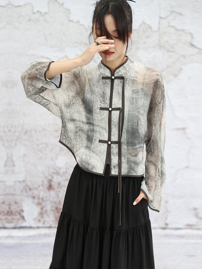 New Chinese Style Graphite Print Buckle Top Jacket