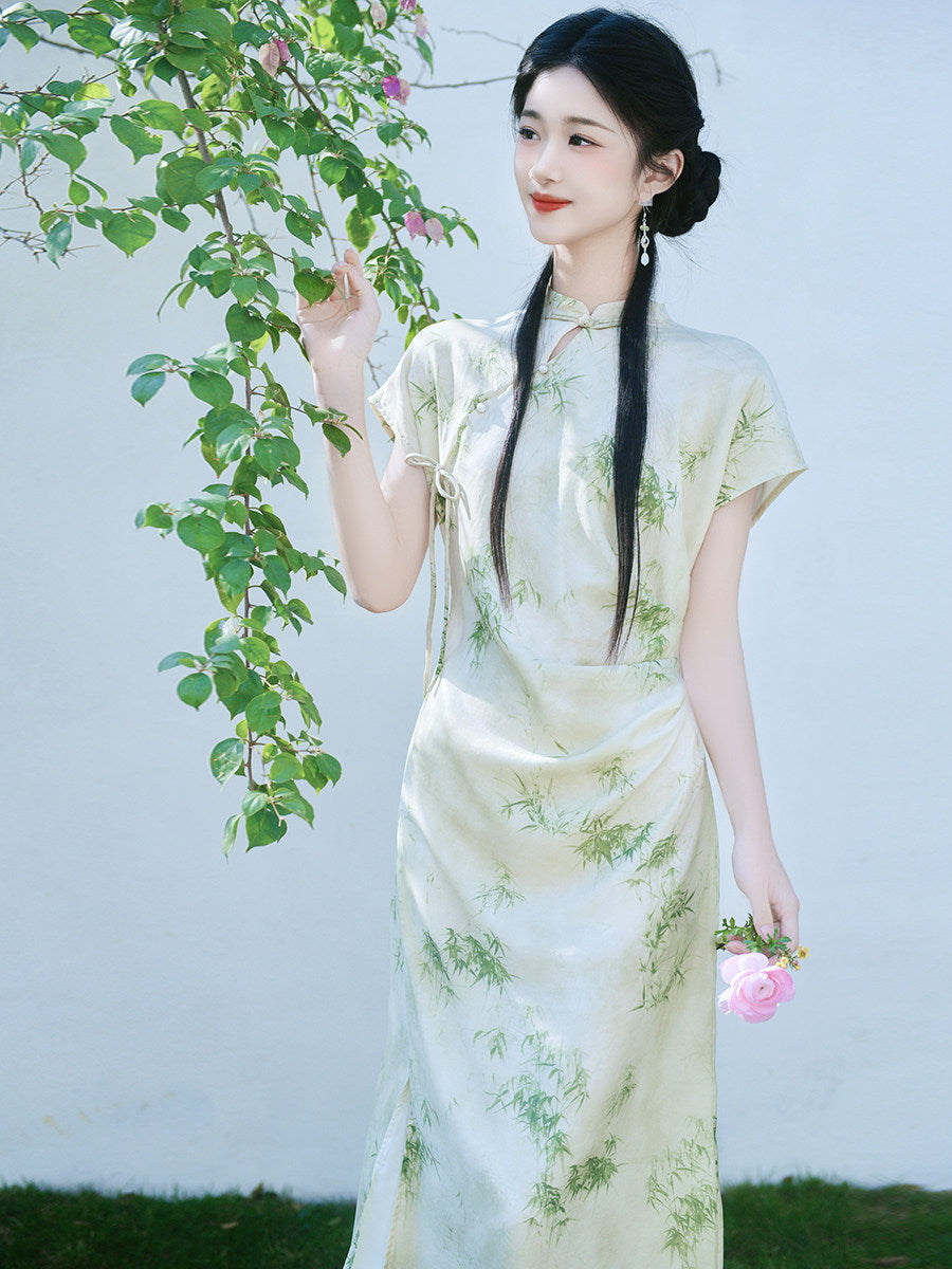 Short Sleeve Modern Midi Cheongsam | Bamboo Leaves