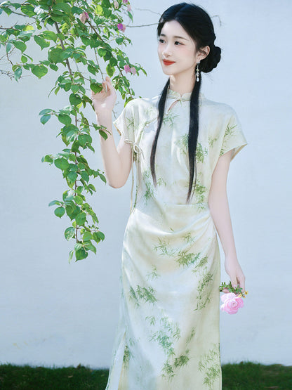 Short Sleeve Modern Midi Cheongsam | Bamboo Leaves