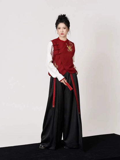 New Chinese Style Women Gold Thread Embroidered Vest, Top & Wide Leg Pants - Firefinch 火雀 (Preorder)