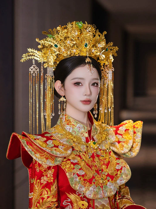 Starlit Phoenix Crown - Gold Bridal Headpiece Chinese Wedding Hair Accessories with Forehead Pendant