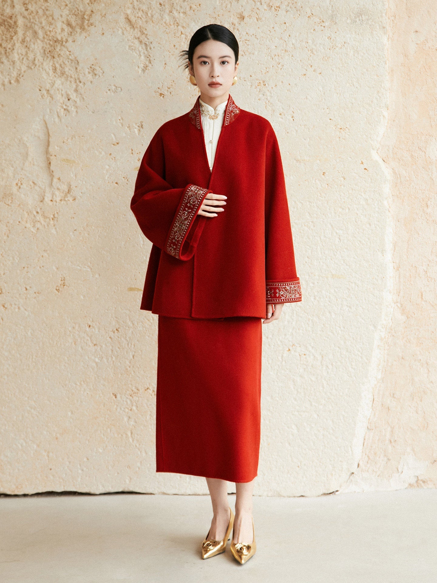 Festive Hanfu Wool Coat for Engagement, Tea Ceremony or Chinese New Year - Jujube Red 岁丰