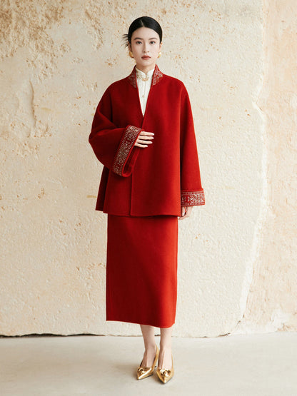 Festive Hanfu Wool Coat for Engagement, Tea Ceremony or Chinese New Year - Jujube Red 岁丰