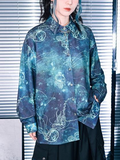 New Chinese Style Long Sleeve Top - Floating Electric Jellyfish 蓝界浮荧