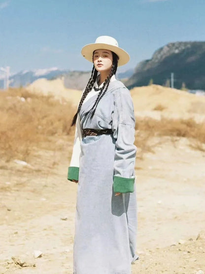 Blue Plateau - Women Tibetan Costume Improved Denim Robe for Photography & Festivals