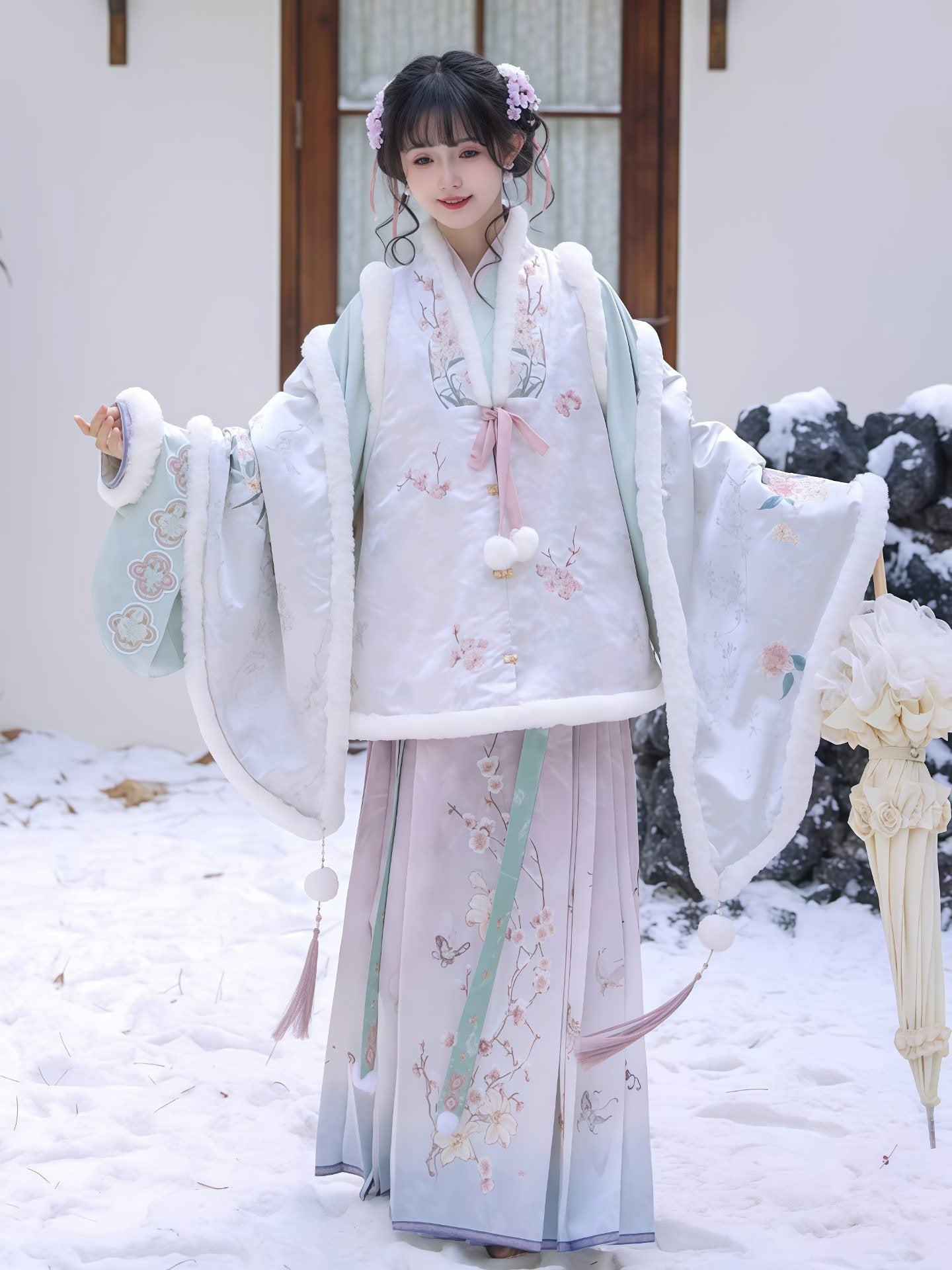Ming Dynasty Bijia Pipa Sleeve Top & Mamian Skirt for Winter | Plum Blossom Date 赏梅有约
