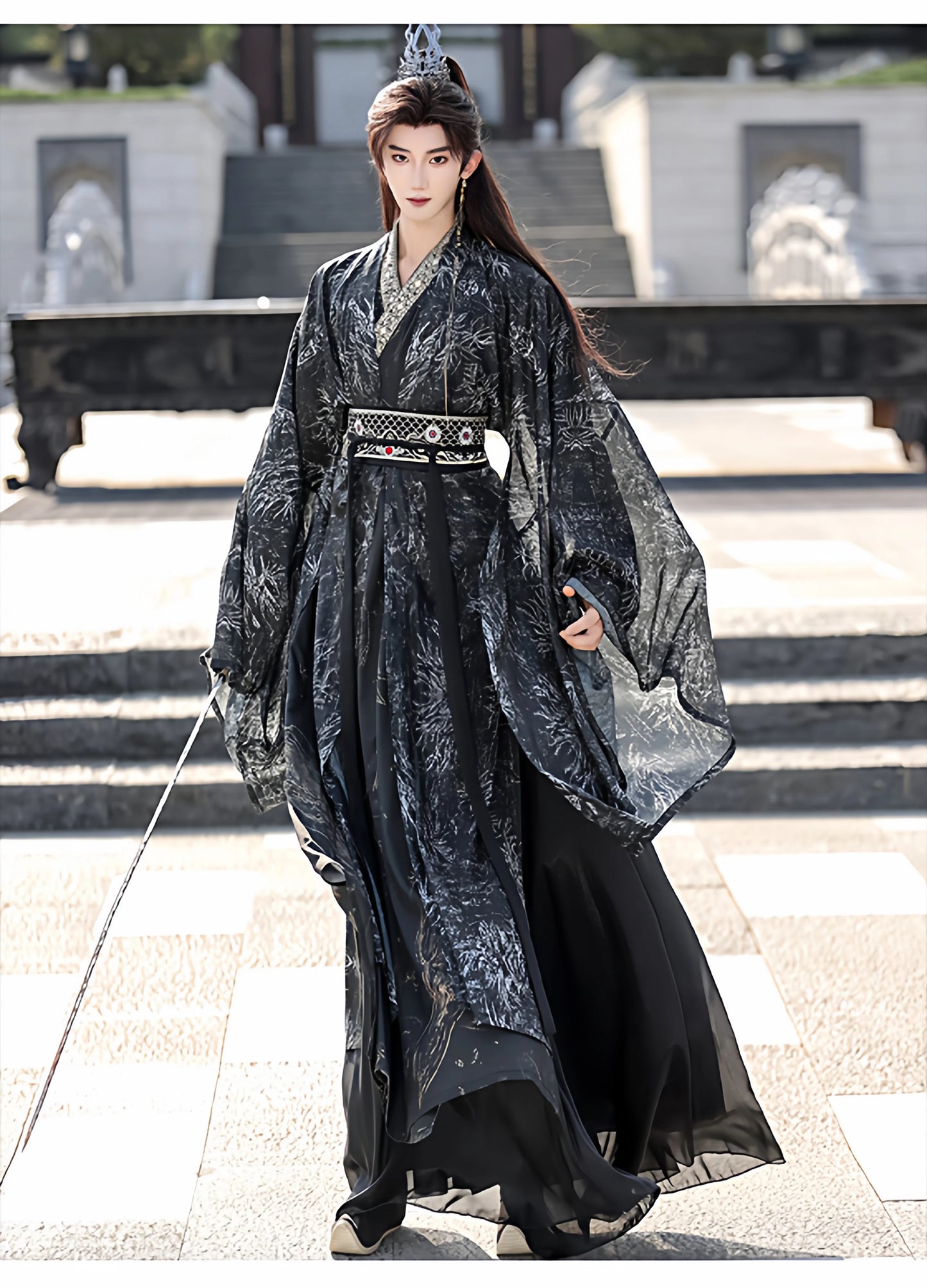Night Ink Sovereign 夜墨青王 - Unisex Hanfu Cloak Robe in Dark Immortal Style, Song-Inspired Chinese Outfit