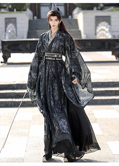 Night Ink Sovereign 夜墨青王 - Unisex Hanfu Cloak Robe in Dark Immortal Style, Song-Inspired Chinese Outfit