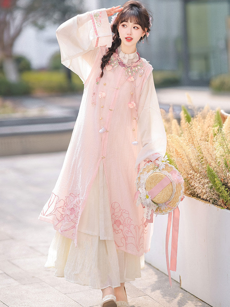 Ming Dynasty Modern Hanfu Floral Vest and Beige Robe - Moon on Lotus 荷上月