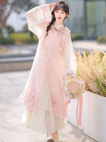 Ming Dynasty Modern Hanfu Floral Vest and Beige Robe - Moon on Lotus 荷上月