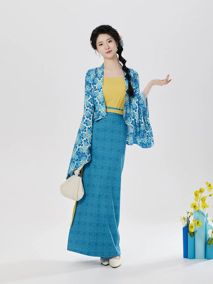 Song Dynasty Modern Hanfu Set with Famen Temple Beizi and Spiral Skirt - Coconut Wind Forest 椰风林 (Preorder)