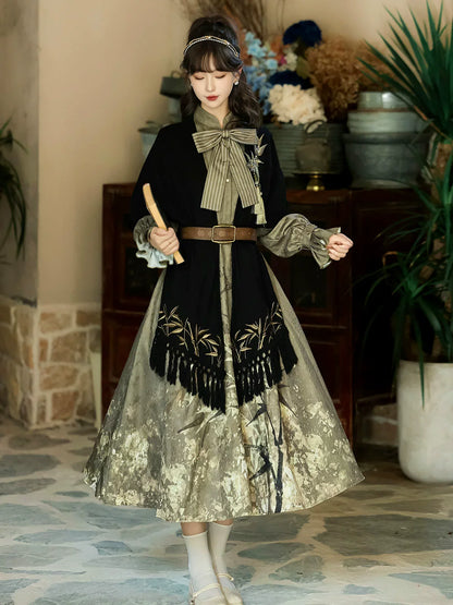 Glitter Bamboo 鎏金竹影 - New Chinese Style Printed Long-Sleeve Dress and Shawl Set (Preorder)
