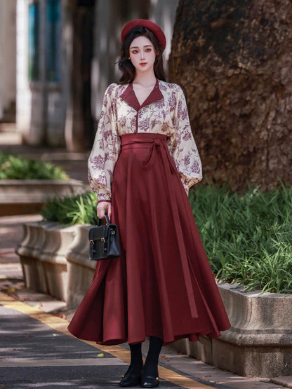 New Chinese Retro Style Long Sleeve Top and Vest with Ten Panel Wrap Skirt - Mulan 木兰 (Preorder)