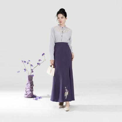 New Chinese Style Women Purple Embroidered Blouse with Fitted Mermaid Skirt - Xianglan 雪香兰 (Preorder)