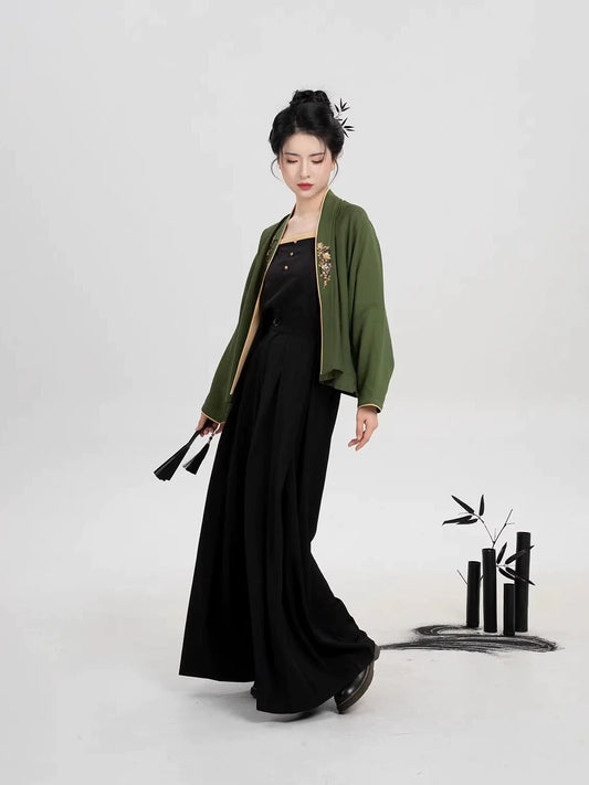 Song Dynasty Modern Hanfu Set with Winged Sleeve Top and Wide Leg Pants - Bookmark Butterfly 书签蝴蝶 (Preorder)