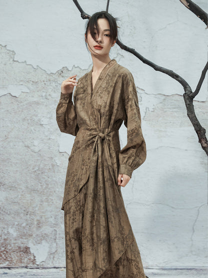 New Chinese Style V Neck Long Sleeve Jacquard Dress