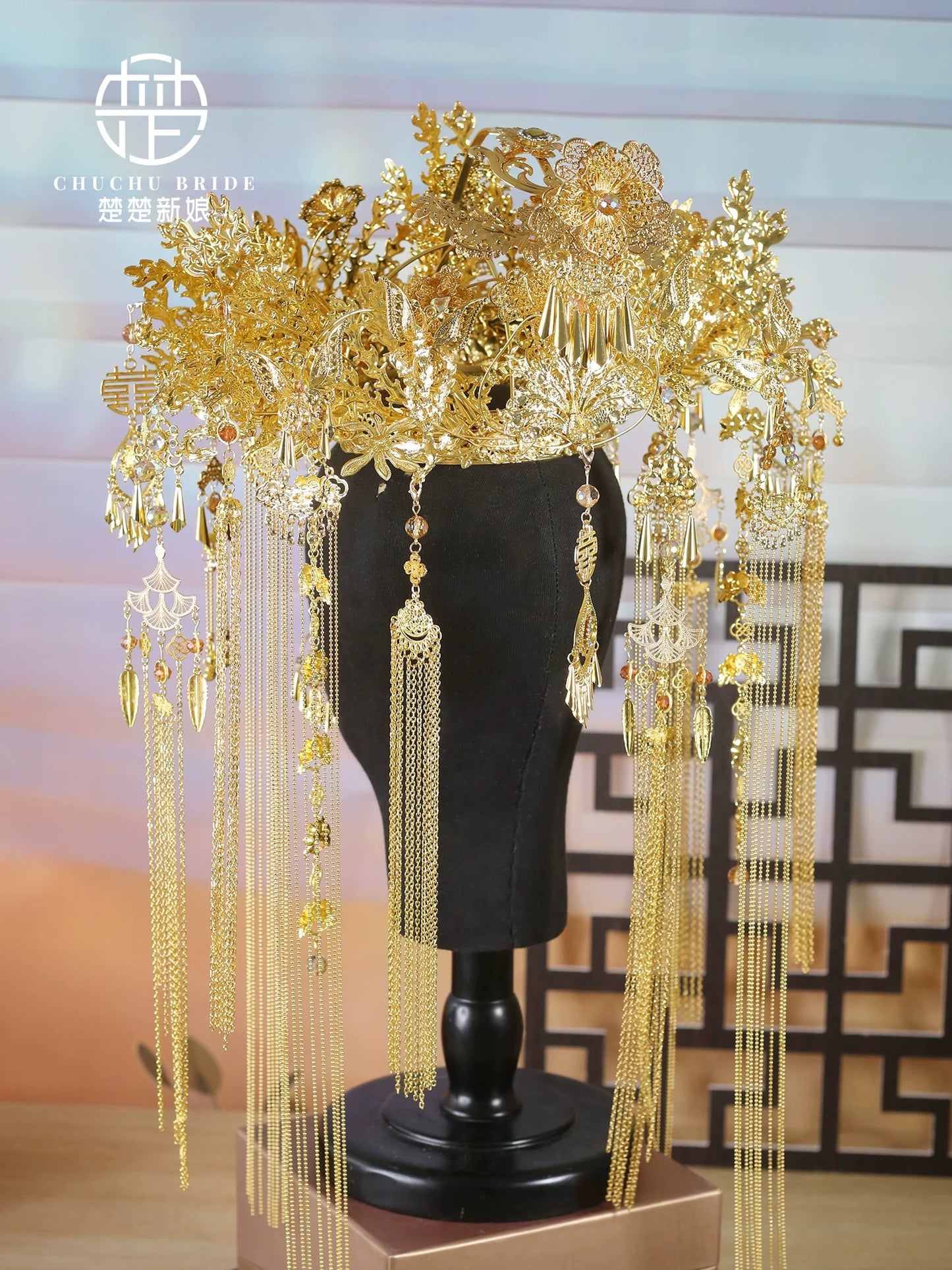 Champagne Empress - Luxurious Gold Phoenix Bridal Crown Full Headpiece for Hanfu Wedding Outfit