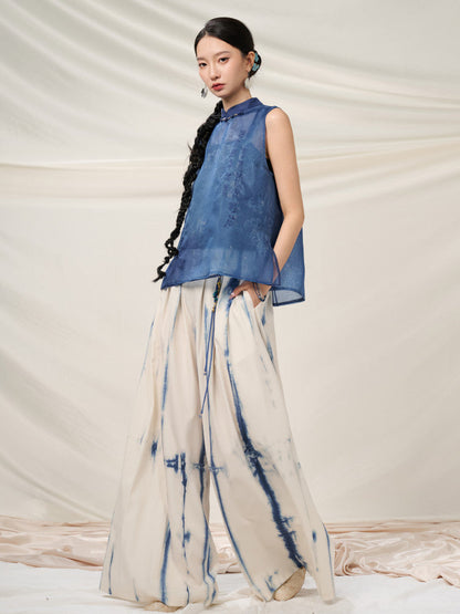 New Chinese Style Tie Dye High Waist Wide Leg Pants - Lanji 揽霁