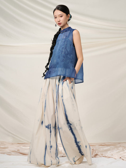 New Chinese Style Tie Dye High Waist Wide Leg Pants - Lanji 揽霁