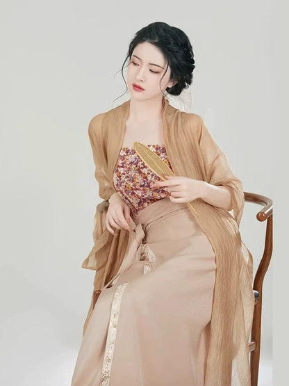 Song Dynasty Modern Hanfu Set with Changgan Temple Beizi and Spiral Skirt - Fog Flower 雾花 (Preorder)