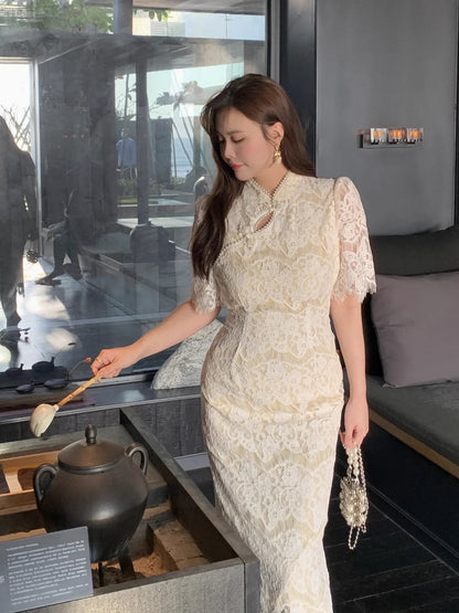 Short Sleeve Lace Cheongsam Dress, Whispers 林莺絮语