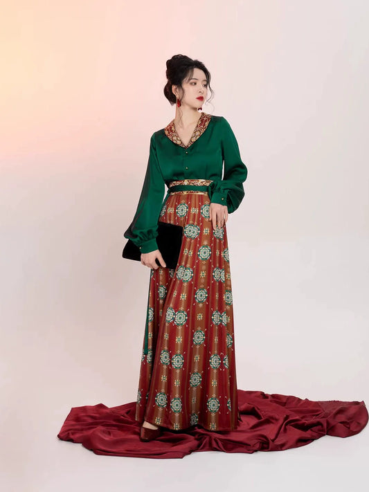 Tang Dynasty Modern Hanfu Set with Round Collar Top and Wrap Skirt - Yanhong 嫣红 (Preorder)